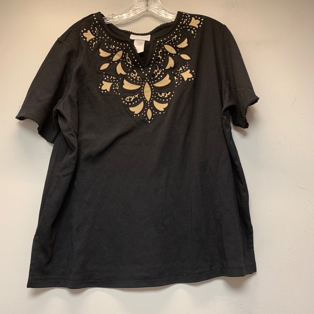Alfred Dunner Top Womens Large Black Excellent Embellished Leopard Studded 12938